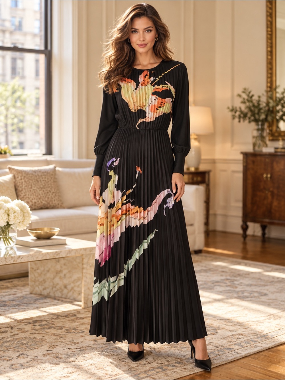 Novella Black Abstract Print Pleated Maxi Dress Size XL